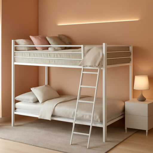 Metal Bunk Bed Twin over Twin Size for Junior & Adults with Ladder and Heavy Duty Guardrail, Small Space Saving Design for Bedroom Kid Room and Dorm, White