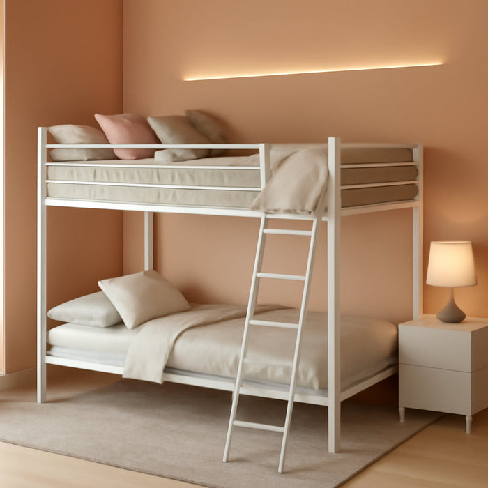 Metal Bunk Bed Twin over Twin Size for Junior & Adults with Ladder and Heavy Duty Guardrail, Small Space Saving Design for Bedroom Kid Room and Dorm, White