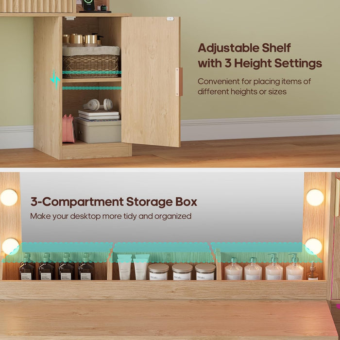 Fluted Makeup Vanity Desk with Large 31.5" Mirror and Lights, 46.1" Wood Vanity with Charging Station & RGB Lights, Dressing Table with 6 Drawers & Cabinet & Shelves, Oak