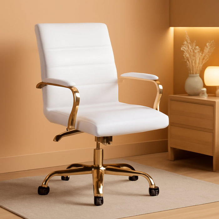Whitney Mid-Back Swivel Leathersoft Desk Chair with Padded Seat and Armrests, Adjustable Height Padded Office Chair, White/Gold