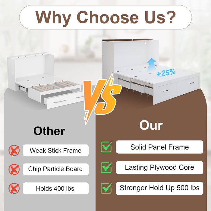 Murphy Bed with Storage & Charging Station, Queen Murphy Cabinet Bed with Large Storage Drawer for Guest Bedroom, Living Room, Office or Small Room, Full Foldable Platform Bed (White, Queen)