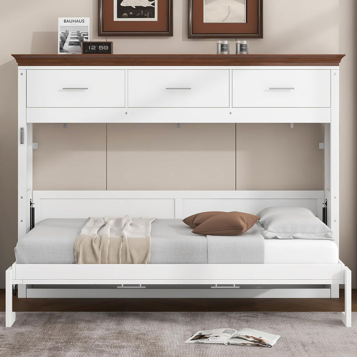 Horizontal Murphy Bed With Drawers White WalnutTop