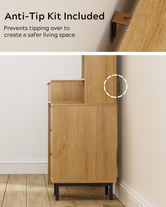 Fluted Makeup Vanity Desk with 31.5" HD Lighted Mirror, Modern Dressing Table with 5 Drawers, Shelves and Glass Top for Bedroom, Natural Oak