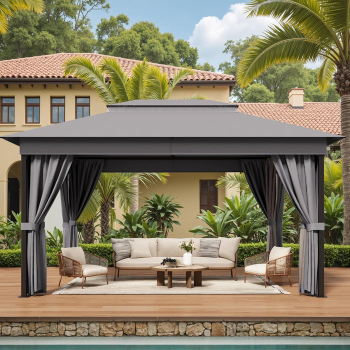 Outdoor 10'X 13' Gazebo,Large Soft Top Deck Gazebo with Mosquito Netting, Heavy Duty Metal Frame Canopy with Expansion Bolts and Double Roofs，Party Tent & Shelte for Backyard, Garden (Grey)