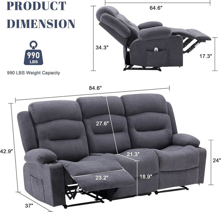 Oversized Recliner Sofa with Heat and Massage, Big Large 3-Seater RV Recliner Couch Sofa for Living Room, Wall-Hugger Reclining Sofa with Cup Holders and USB Port(Fabric, Grey)