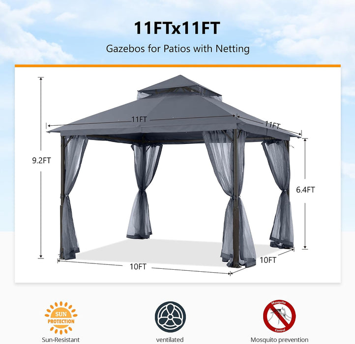 Outdoor Patio Gazebo 11X11 - Double Roof Canopy with Mosquito Netting for Backyard, Deck, Garden, Lawn, Dark Gray