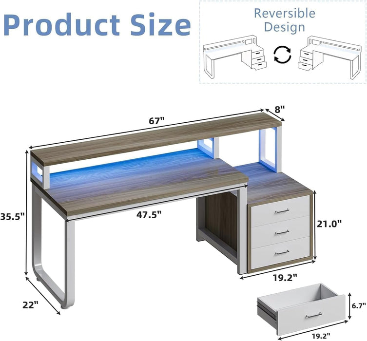 67Inch White Walnut Computer Desk With LEDLighting