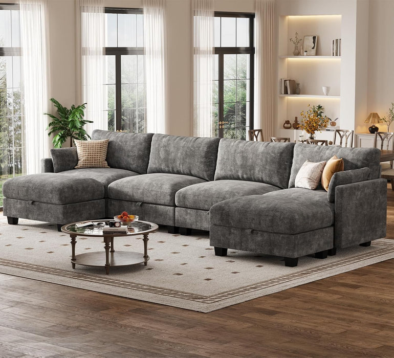 Darkest Gray Chenille UShaped Sectional Sofa Ottoman