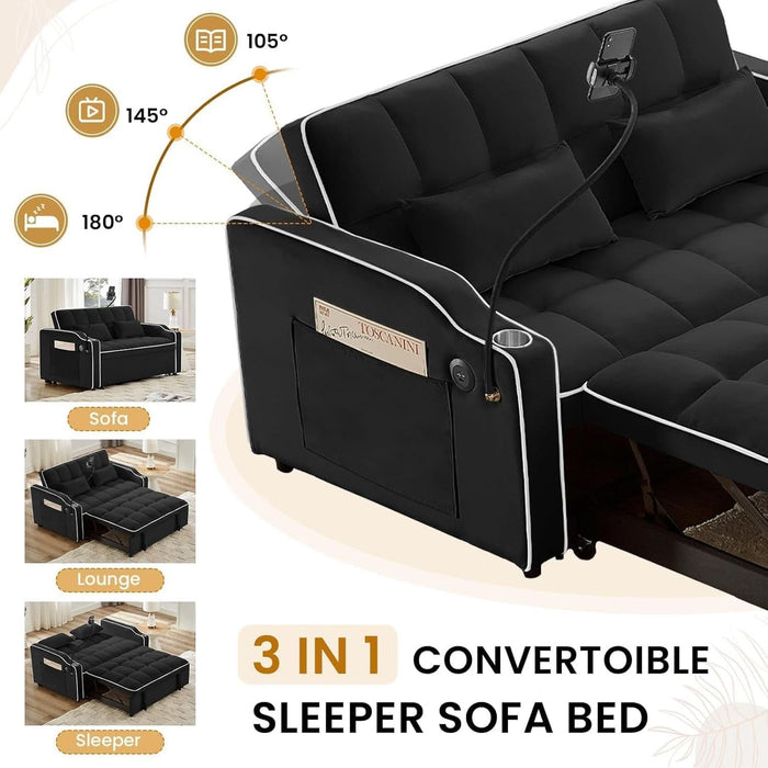 Black Velvet Luxe Sleeper Sofa Bed USBChargingPort