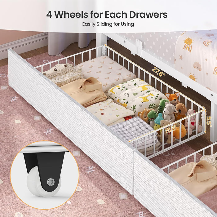 Bunk Bed Full over Full with Stairs, LED Lights Full Bunk Beds with 2 Storage Drawers & 6 Fabric Drawers, Metal Full Loft Beds with Safety Guardrail & Stairs, Space Saving, White
