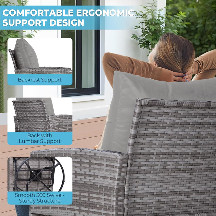 10 Pieces Outdoor Patio Furniture Set with Swivel Chairs, Wicker Sectional Sofa Set Rattan Modular Patio Conversation with Cushions Couch & Coffee Table for Garden, Balcony, Porch, Grey-Grey