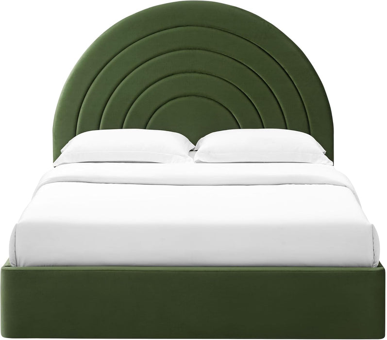 Solana Full Size Performance Velvet Platform Bed in Moss Green – Upholstered Double Bed Frame with Soft Arch Shaped Padded Headboard – Plinth Base Platform Bed Frame