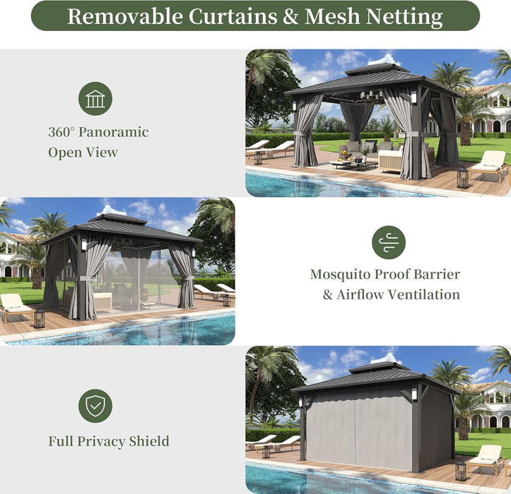 10'X12' Hardtop Gazebo with 4 LED Lights, Outdoor Gazebo with Galvanized Steel Double Roof, Patio Gazebo with Breathable Netting & Privacy Curtain, Decor Hooks for Backyard, Gray