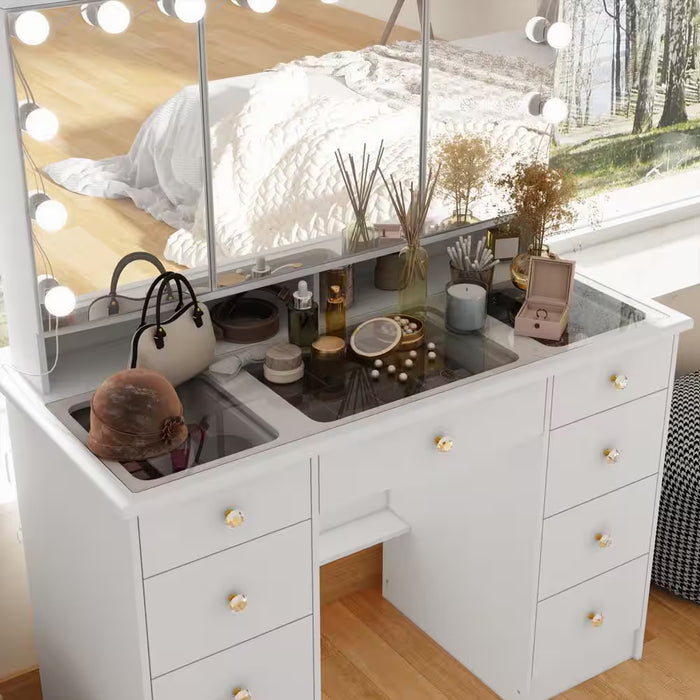 White Makeup Vanity Desk 9 Drawers Wood Dressing Table with 3 LED Bulb Light Mirrors, Glass Top, Hidden Storage Shelves