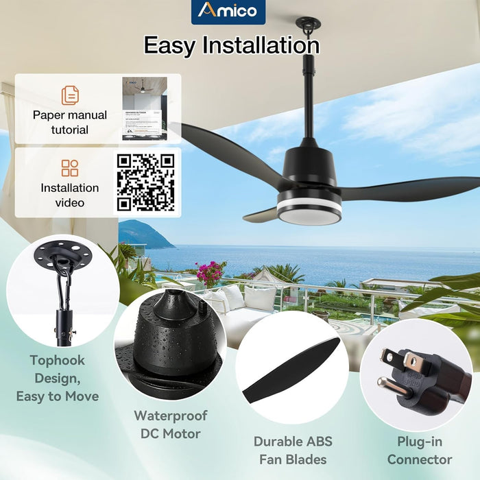 42 Inch Outdoor Ceiling Fans with Lights for Patios, IP65 Waterproof Gazebo Fan Remote Control,3Cct, 6 Speeds, Hook Hanging Plug in Ceiling Fan for Patio Porch Pergola Garage Canopy (Black)