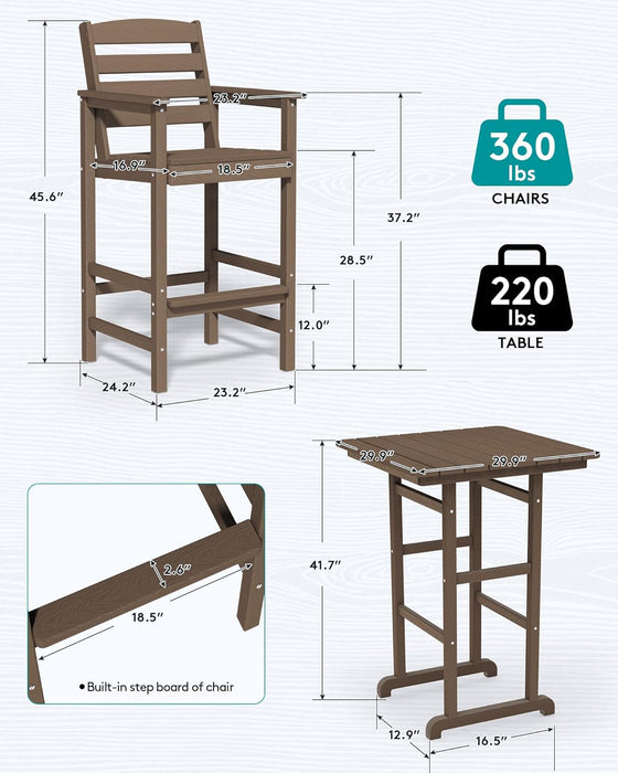 HDPE Outdoor Patio Bar Set, Tall Adirondack Bar Chair and Table Set (Coffee, 3 Pcs)