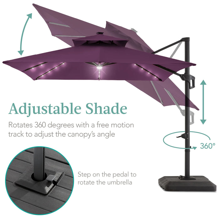 10X10Ft 2-Tier Square Outdoor Solar LED Cantilever Patio Umbrella W/Base Included - Amethyst Purple