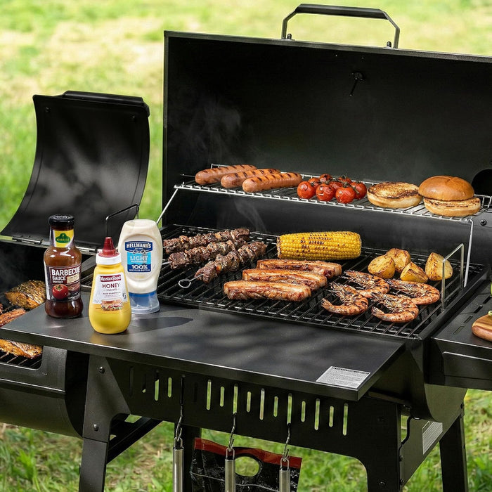 Barrel Charcoal Grill with Offset Smoker, 824 Sq. In. Cooking Area,Frame Tool Hooks, Bottom Shelf, Blow-Molded Wheels, Outdoor Charcoal Grill for Backyard Cooking, Black, CC1831S-SC