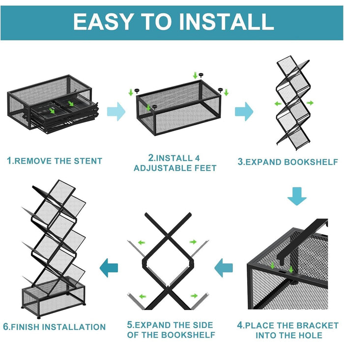 9 Tier Tree Bookshelf,Small Bookcase with Storage Cabinet, Modern Tall Narrow Folding Metal Bookcase，Floor Standing Book Shelf for Bedroom/Living Room/Home Office/Corner,Black
