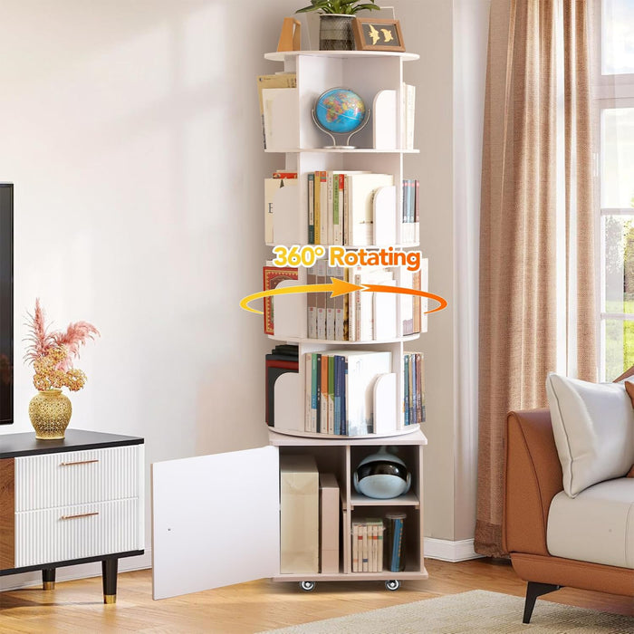6 Tier Rotating Bookshelf Spinning Bookshelf Tower | 360° Revolving Bookcase with Storage Cabinet Corner Organizer Storage round Carousel with Wheels, White