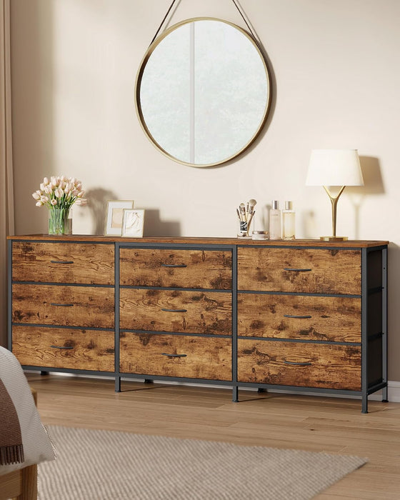 BELLAH Collection - Dresser for Bedroom, TV Stand for Tvs up to 70 Inches, Chest of Drawers for Living Room, Closet, Steel, 9 Drawers, Industrial, Rustic Brown and Ink Black ULGS233KD02S