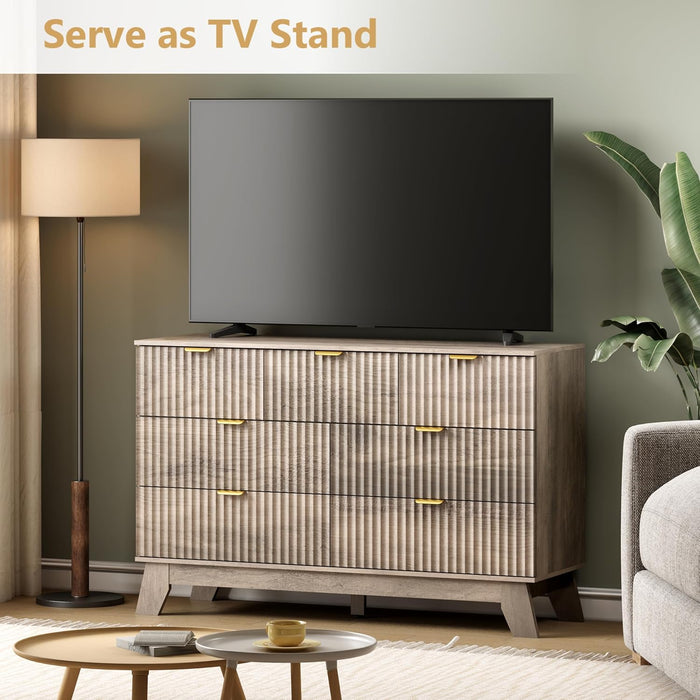 7 Drawer Fluted Dresser for Bedroom, Mid Century Modern Wooden Dresser with 7 Drawers, Dressers & Chests of Drawers with Metal Handle, TV Stand & Storage Organizer for Entryway, Hallway, Grey
