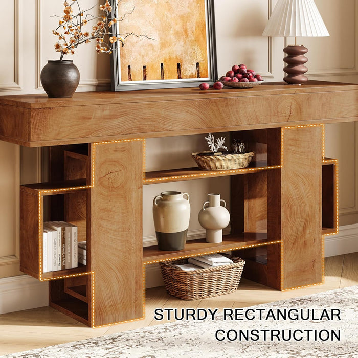 63 Inches Entryway Table, Wooden Console Table with Storage, Narrow Sofa Table behind Couch, Farmhouse Long Entry Hallway Tables for Entrance, Foyer, Living Room, Natural Brown