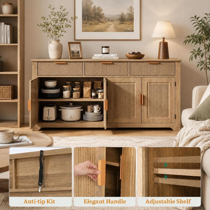 59" Fluted Buffet Cabinet with Storage Natural Oak