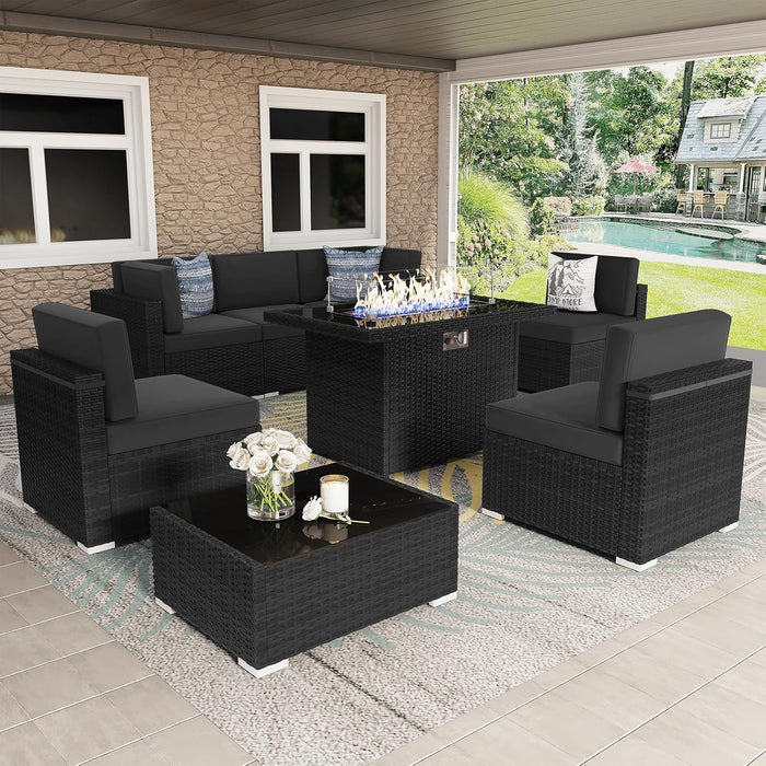 8 Pieces Patio Furniture Set with 44" Propane Gas Fire Pit Table, Outdoor Sectional Wicker Conversation Sofa Sets with Coffee Table