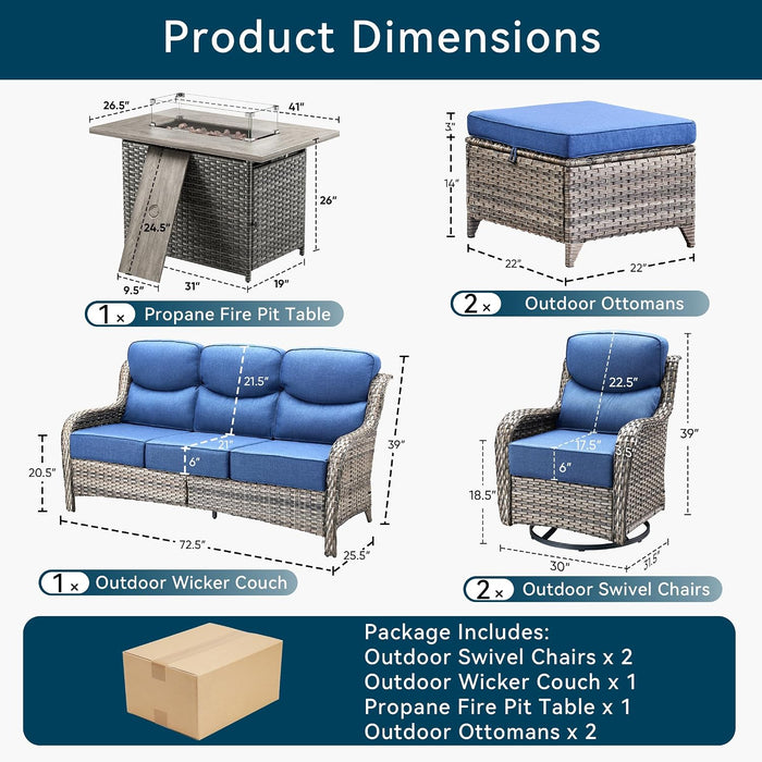 Luxury Patio Furniture Set with Fire Pit Table-6 Pieces All Weather Outdoor Swivel Rocker Chairs with Sofa and Ottomans. Outdoors Patio Conversation Sets for Porch Deck Garden Backyard(Grey/Blue)