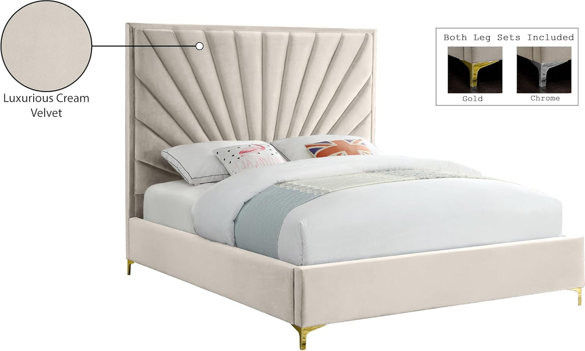 Eclipse Collection Modern | Contemporary Velvet Upholstered Bed with Channel Tufted Design and Complete Sets of Gold and Chrome Legs Included, Queen, Cream