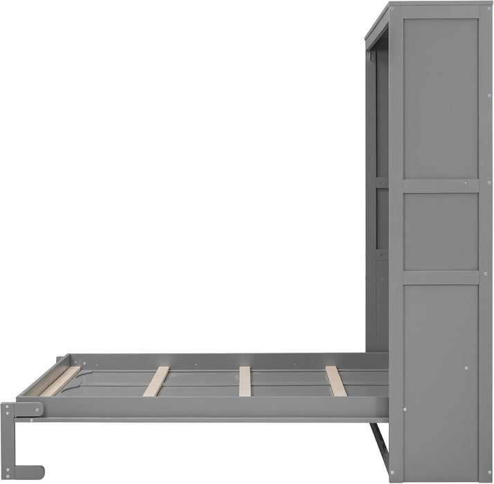 Full Size Murphy Bed Wall Bed with Shelves and Mattress Holder,Wood Hideaway Cabinet Chest W/Slat Support,Can Be Folded,For Small Room,Dorms,Gray