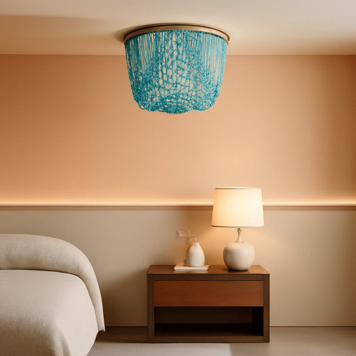 Boho Light Fixture, 3 Light Wood Bead Chandelier, Ceiling Beaded Light Fixture, Nursery Light Fixture, Blue, 12.6 X 9.3 Inches