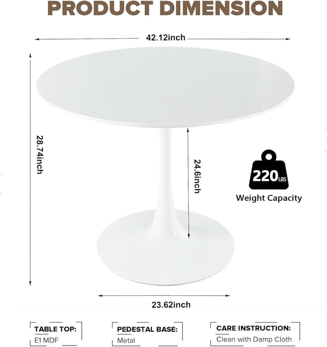 42 Inch round Dining Table for 4, White Tulip Dining Table with Thickened Tabletop & Sturdy Metal Pedestal, Mid-Century Modern Kitchen Table for Dining Room,Living Room,Cafe (White)