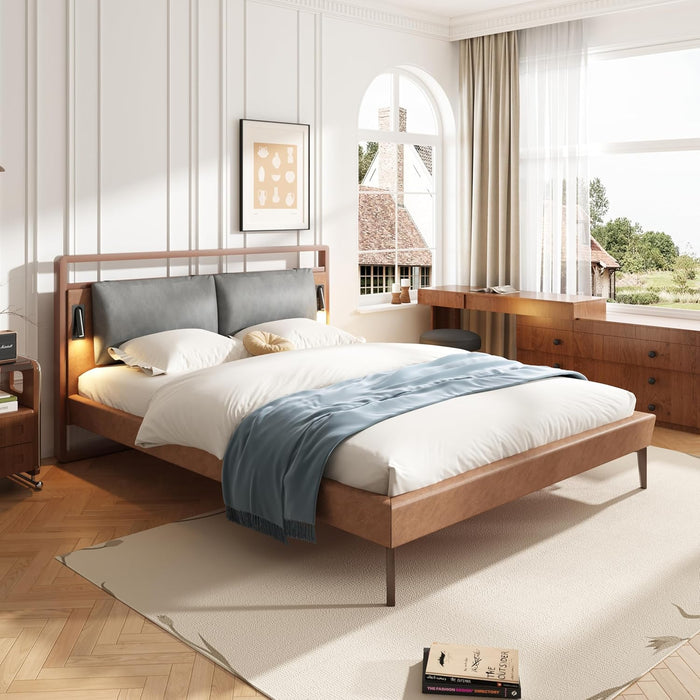 Upholstered Headboard Brown Bed Frame with Gray Leather Headboard Solid Wood Bed Frame with Integrated Night Lights, Wooden Slats, No Box Spring Needed Platform Bed, Queen