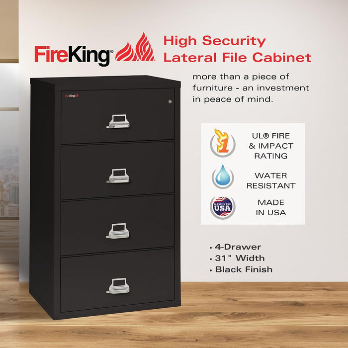 Lateral 4 Drawer Fire Rated File Cabinet, Black