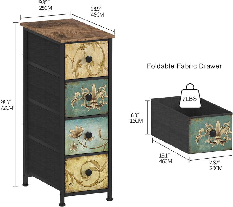 Narrow Storage Dresser Slim Dresser with Retro Flowers Fabric Drawers Vertical Skinny Cabinet for Small Spaces,Bathroom,Bedroom Closet Nightstand,Entryway Organizer (Retro Flower, 4 Drawers)