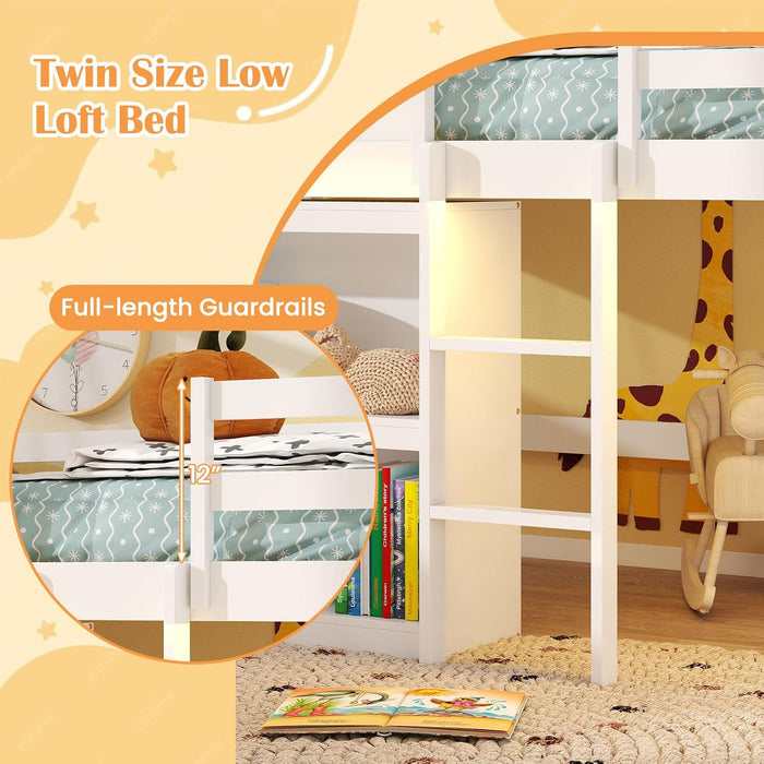 Twin Size Loft Bed with LED Lights, House Bed with Roof, Window & Storage Bookshelf, Solid Wood Bed Frame with Ladder, Safety Guardrails, Under-Bed Play Space, for Kids Boys Girls, White