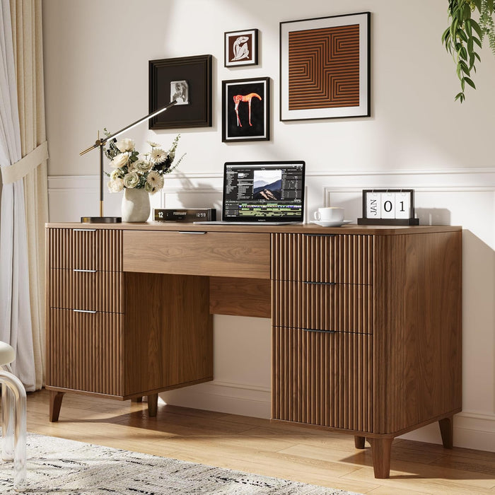 55Inch WalnutFinish Executive Desk With ChargingPort Unit