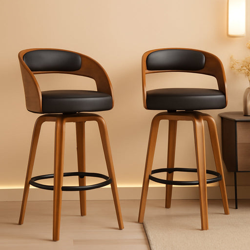 Swivel Bar Stools Set of 2, 26" Counter Height Bentwood Barstool | Mid-Century Modern PU Leather Upholstered Bar Chair with Back and Footrest, for Kitchen Island, Bar, Dining Room, Cafe, Black