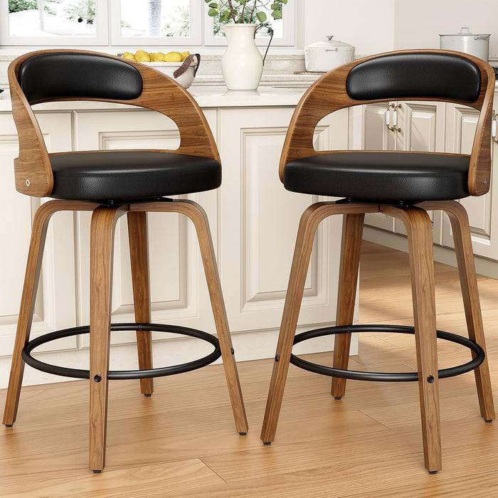 Swivel Bar Stools Set of 2, 26" Counter Height Bentwood Barstool | Mid-Century Modern PU Leather Upholstered Bar Chair with Back and Footrest, for Kitchen Island, Bar, Dining Room, Cafe, Black