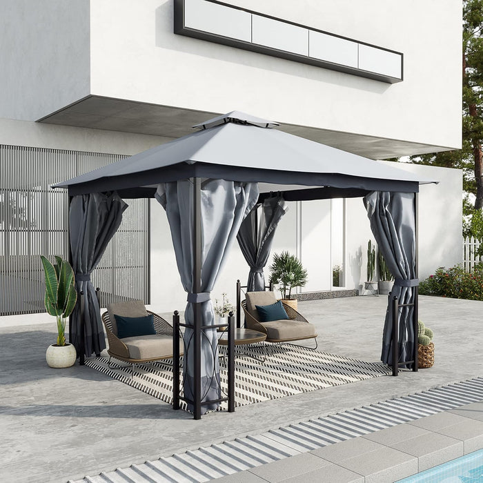 11' X 13' Patio Gazebo, Double Roof Outdoor Gazebo Canopy Shelter with Netting & Curtains, Steel Corner Columns for Garden, Lawn, Backyard and Deck, Gray