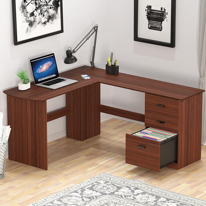 51 X 59 Inches L-Shaped Home Office Wood Corner Desk with Box Box File Drawers, Walnut
