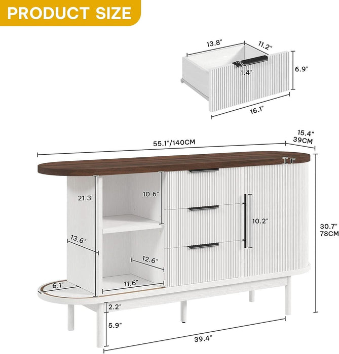 Fluted Sideboard Buffet Cabinet with Storage, White & Brown