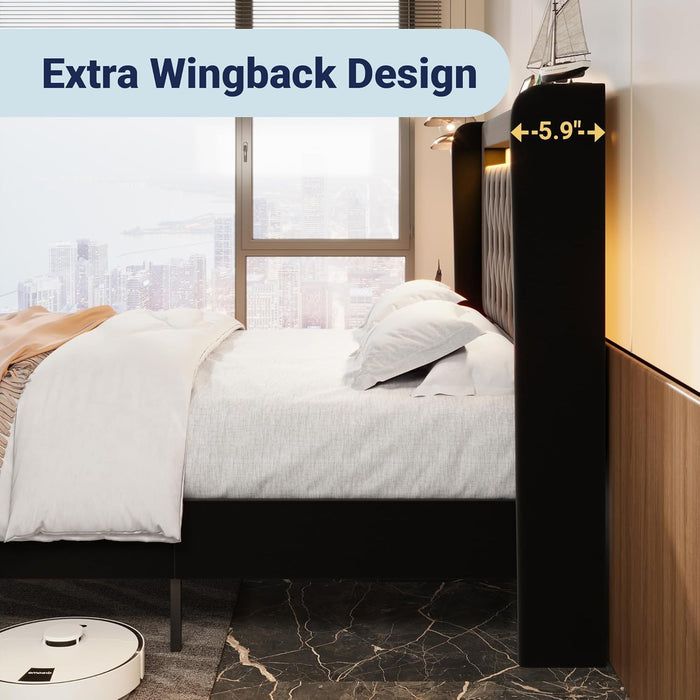 Upholstered Full Size Platform Bed Frame with LED Light and Charging Station, Button Tufted High Headboard, Wingback Design, Noise Free, Easy Assembly, No Box Spring Needed, Black