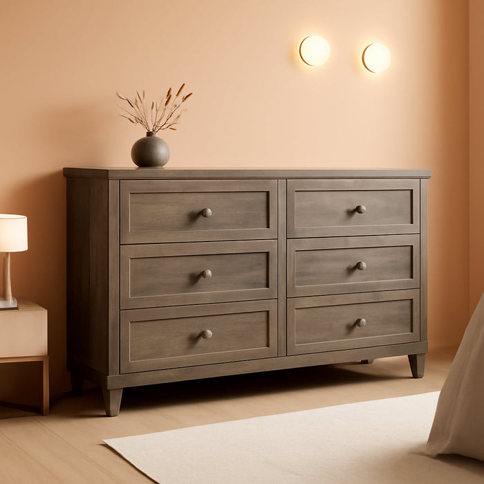 Dresser for Bedroom, 6 Drawer Wide Dresser Storage Organizer, Modern Wooden Chest of Drawers with Metal Handles for Hallway, Entryway, Home Office, Grey