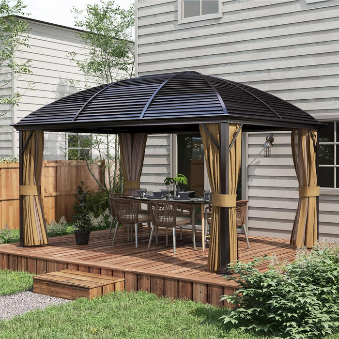 10' X 14' Hardtop Gazebo Canopy with Galvanized Steel Roof, Aluminum Outdoor Pavilion Gazebo with Top Hook, Netting, and Curtains for Patio, Garden, Backyard, Deck, Brown