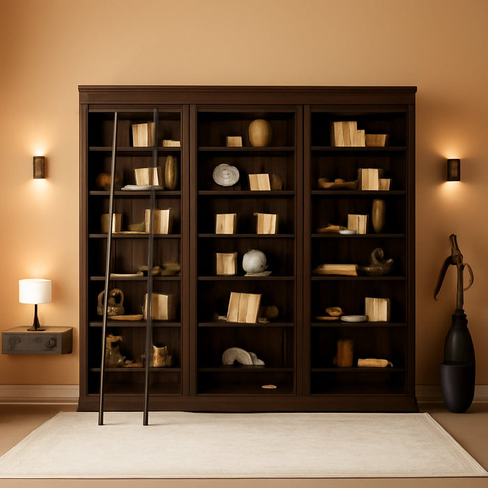 Avondale 120" W Contemporary Wood Bookcase Wall with Ladder Storage Organizer Display, 5 Adjustable Shelves, Ringed Steel Frame, Fully Assembled, in Brown Finish