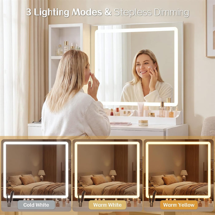 White Vanity Desk With Multifunctional Illuminated Mirror