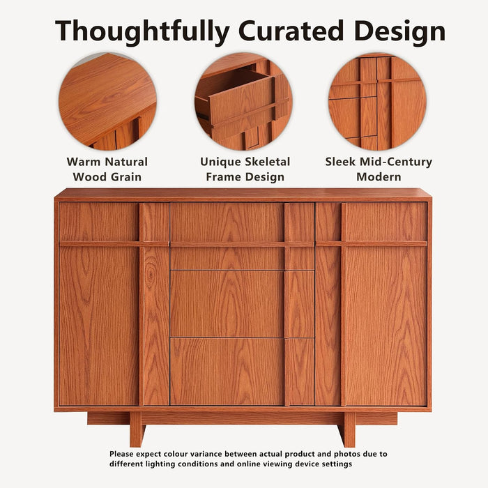 47.2" Buffet Cabinet with Storage, Skeleton Line Design, Cherry | Sideboard with Drawers, Mid Century Modern Accent Cabinet with Wood Gain, Console Cabinets for Living Dining Room Entryway